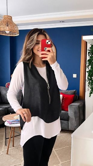 Kadın Uzun Kol Asimetrik Kesim Viskon Bluz Ve çatlak Deri Görünümlü Fermuar Detaylı Yelek Ikili Takım resmi